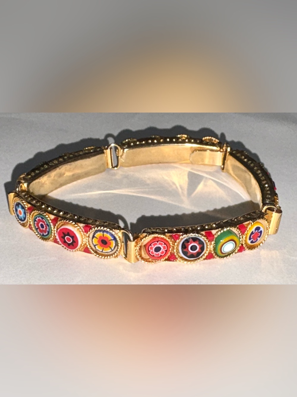 Vintage Murano Millefiori (Thousand Flowers) Glass & Gold-plated Brass Bracelet